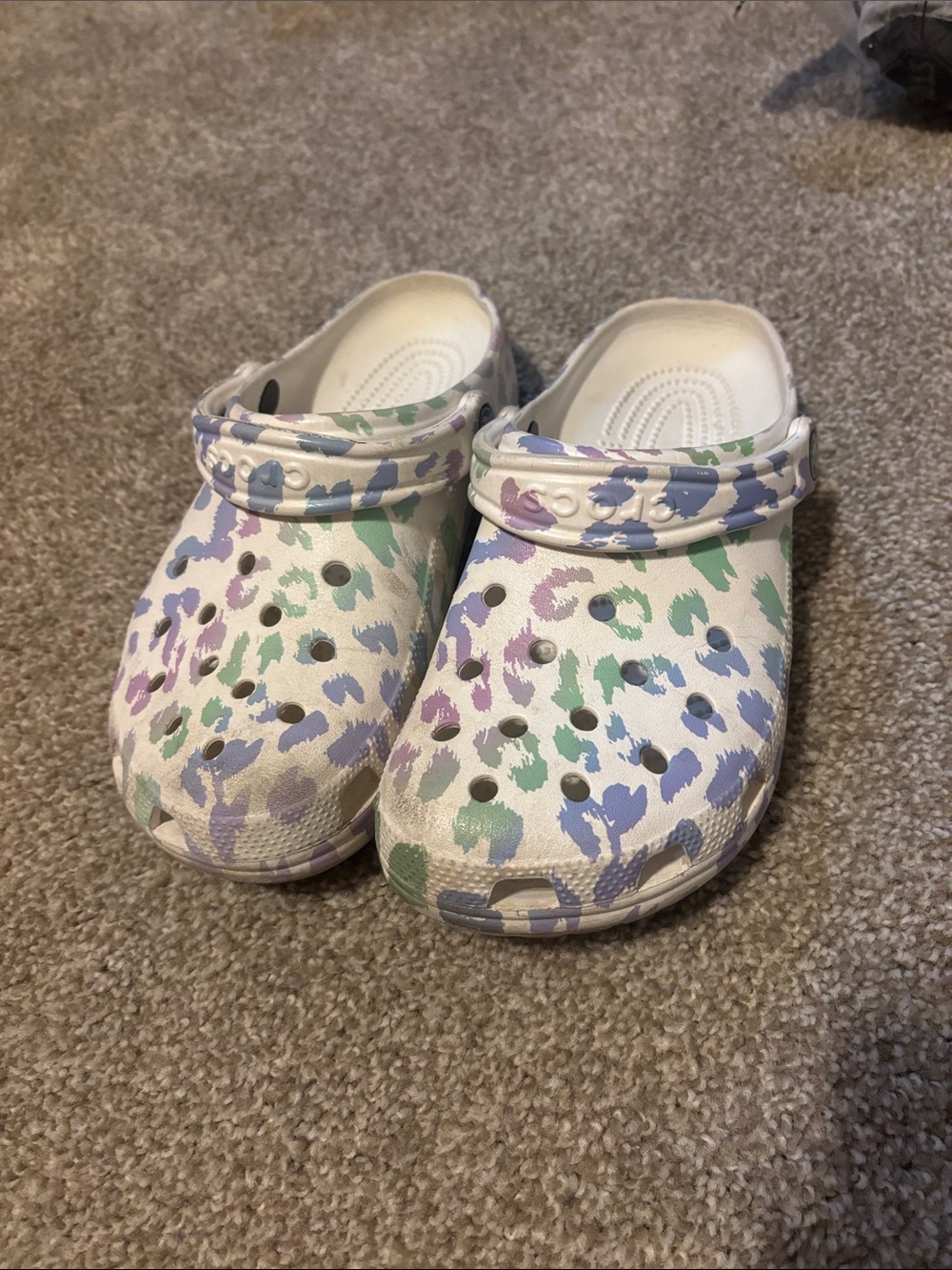 CROCS Kids White Clogs with Pastel Purple, Green, and Blue Print